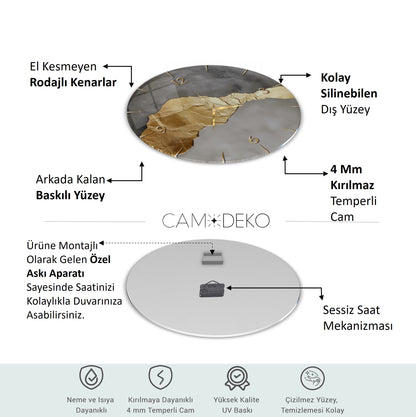 Soyut Gold Gri Cam Tablo Saat