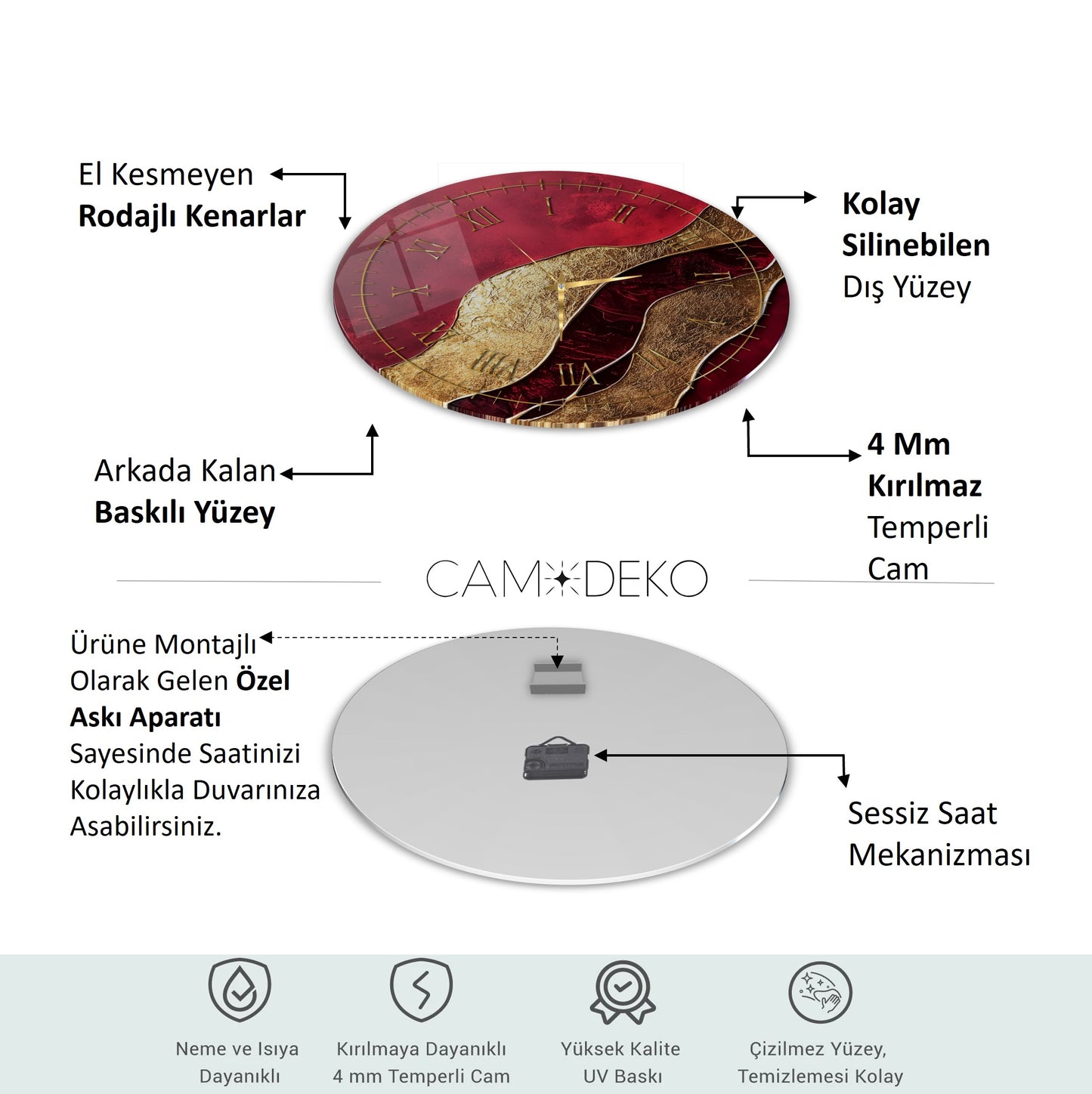 Soyut Gold Kırmızı Cam Tablo Saat