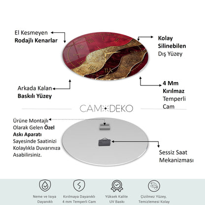 Soyut Gold Kırmızı Cam Tablo Saat