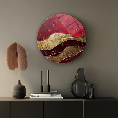 Soyut Gold Kırmızı Cam Tablo Saat