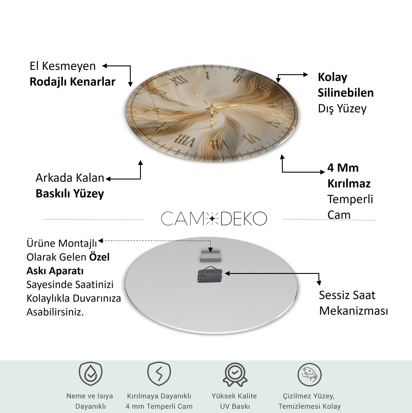Gold Soyut Mermer Desen Cam Saat