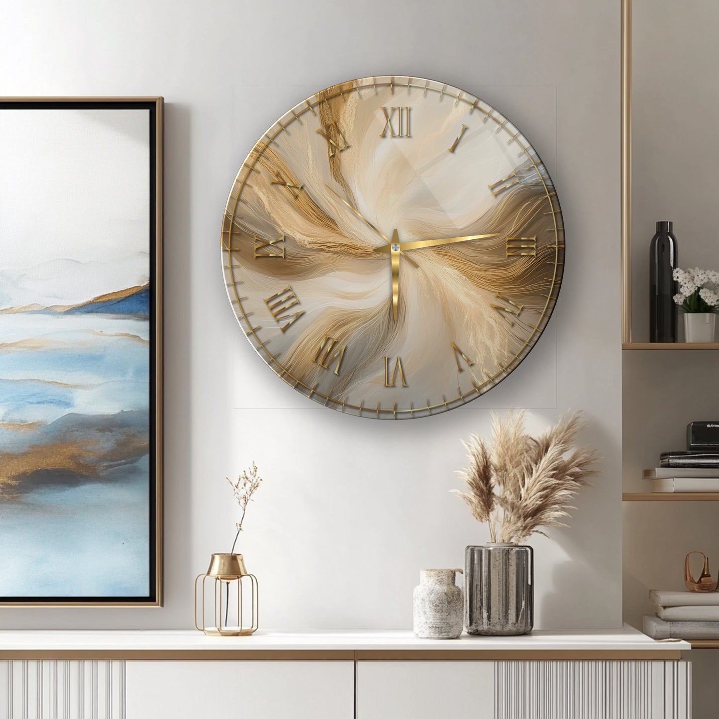 Gold Soyut Mermer Desen Cam Saat