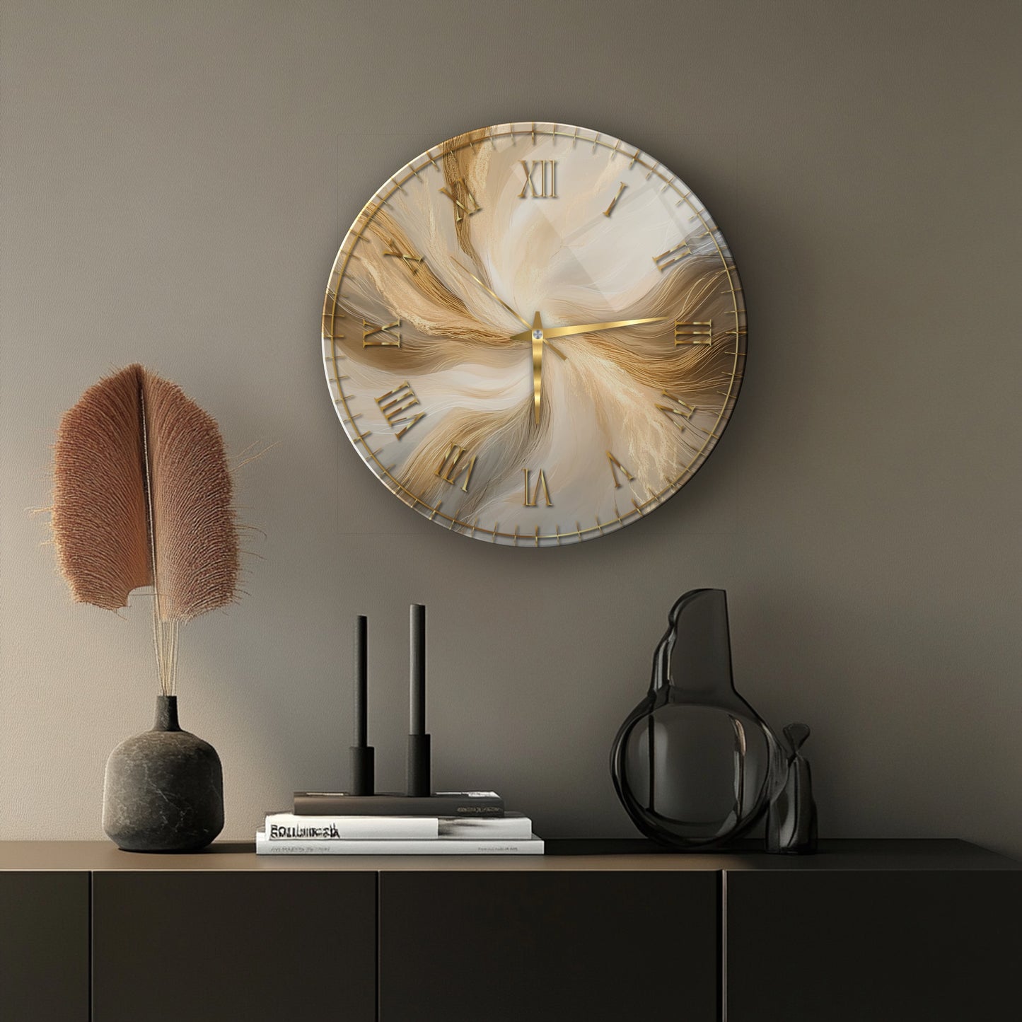Gold Soyut Mermer Desen Cam Saat