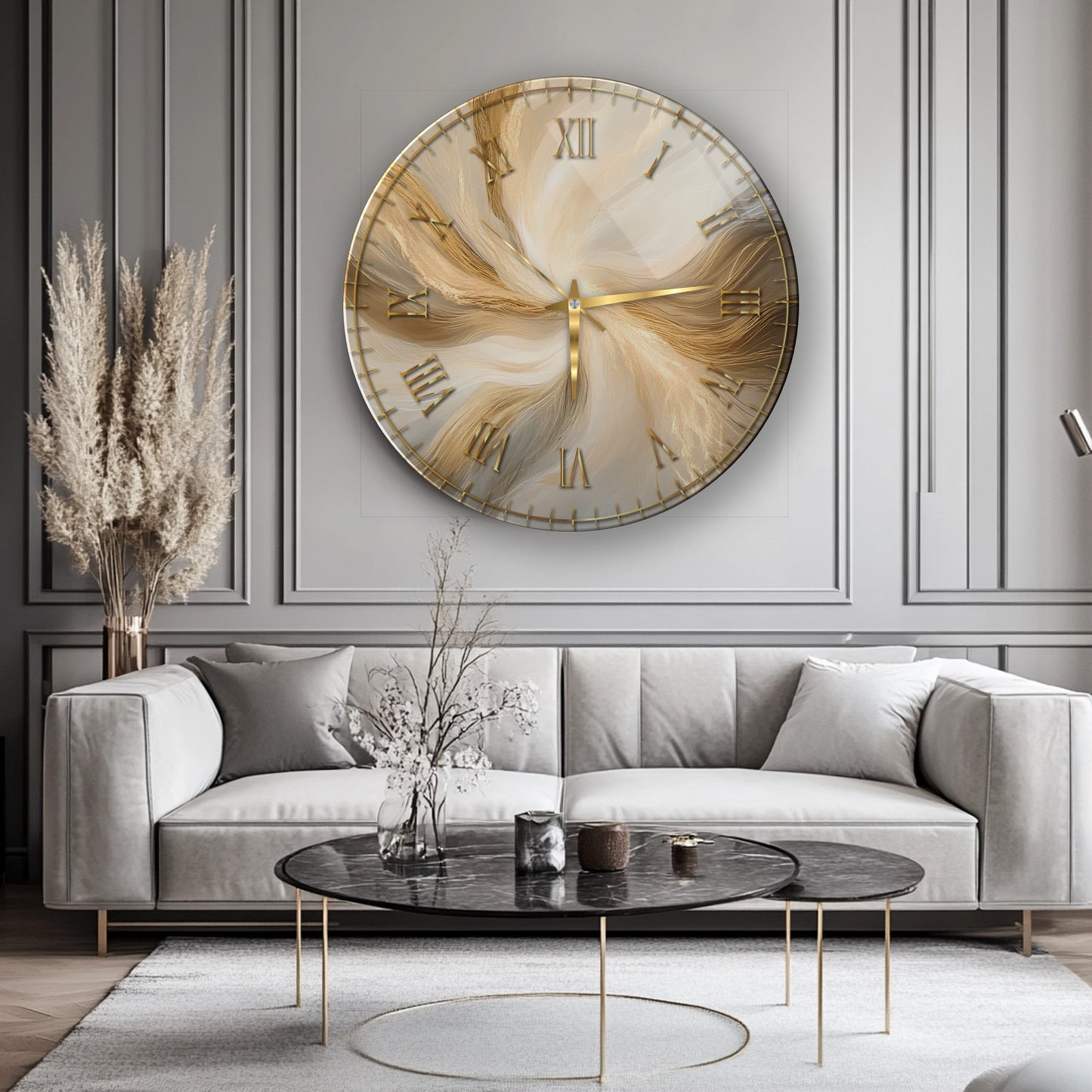 Gold Soyut Mermer Desen Cam Saat