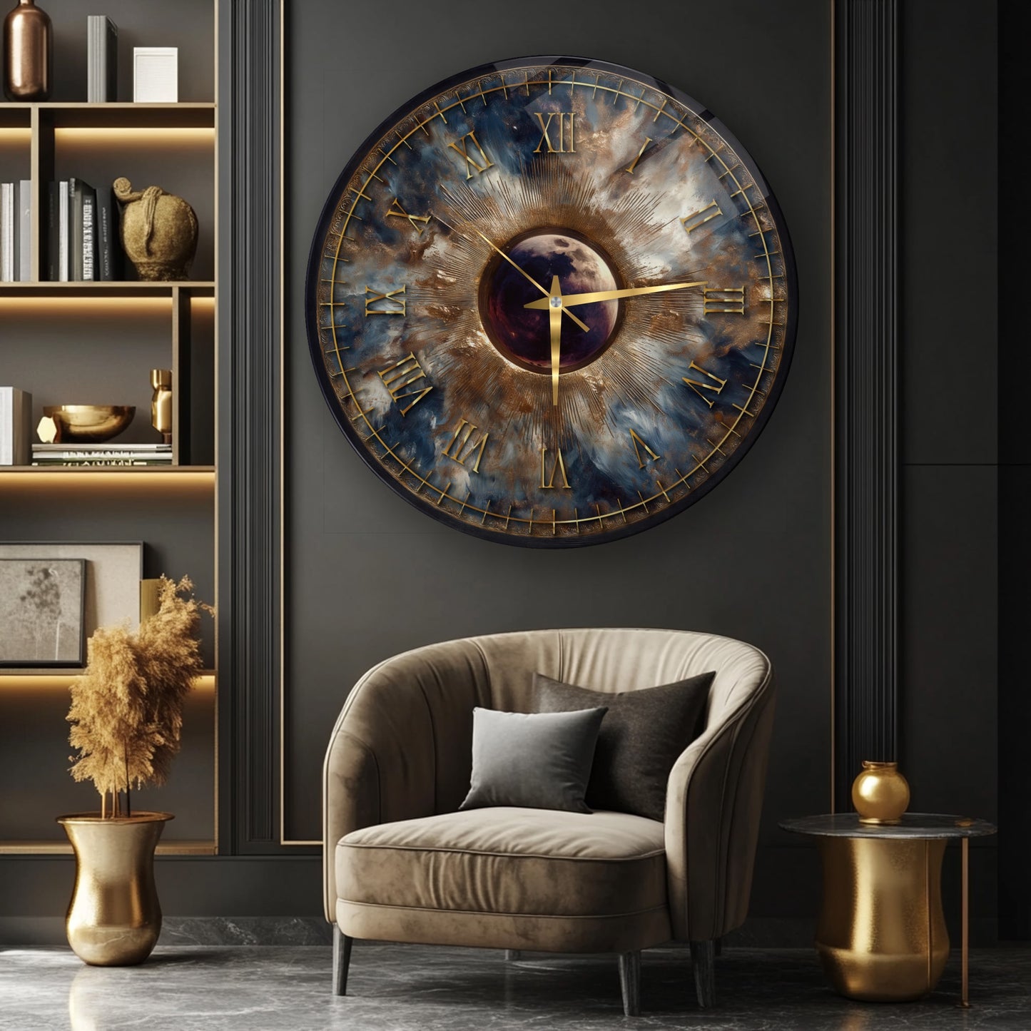 Eskitme Soyut Gold Cam Duvar Saati