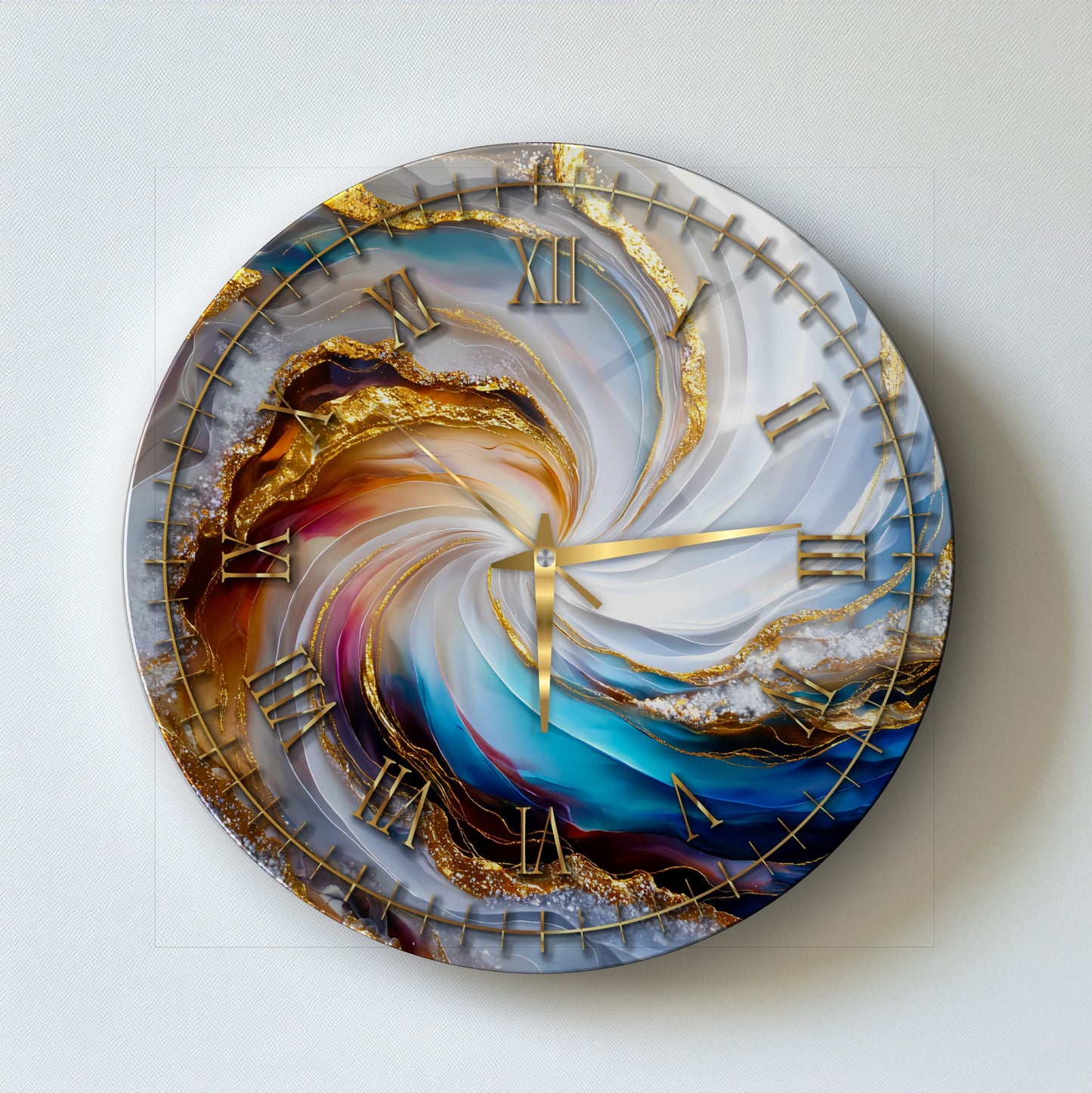 Soyut Gold Mermer Desen Cam Duvar Saati