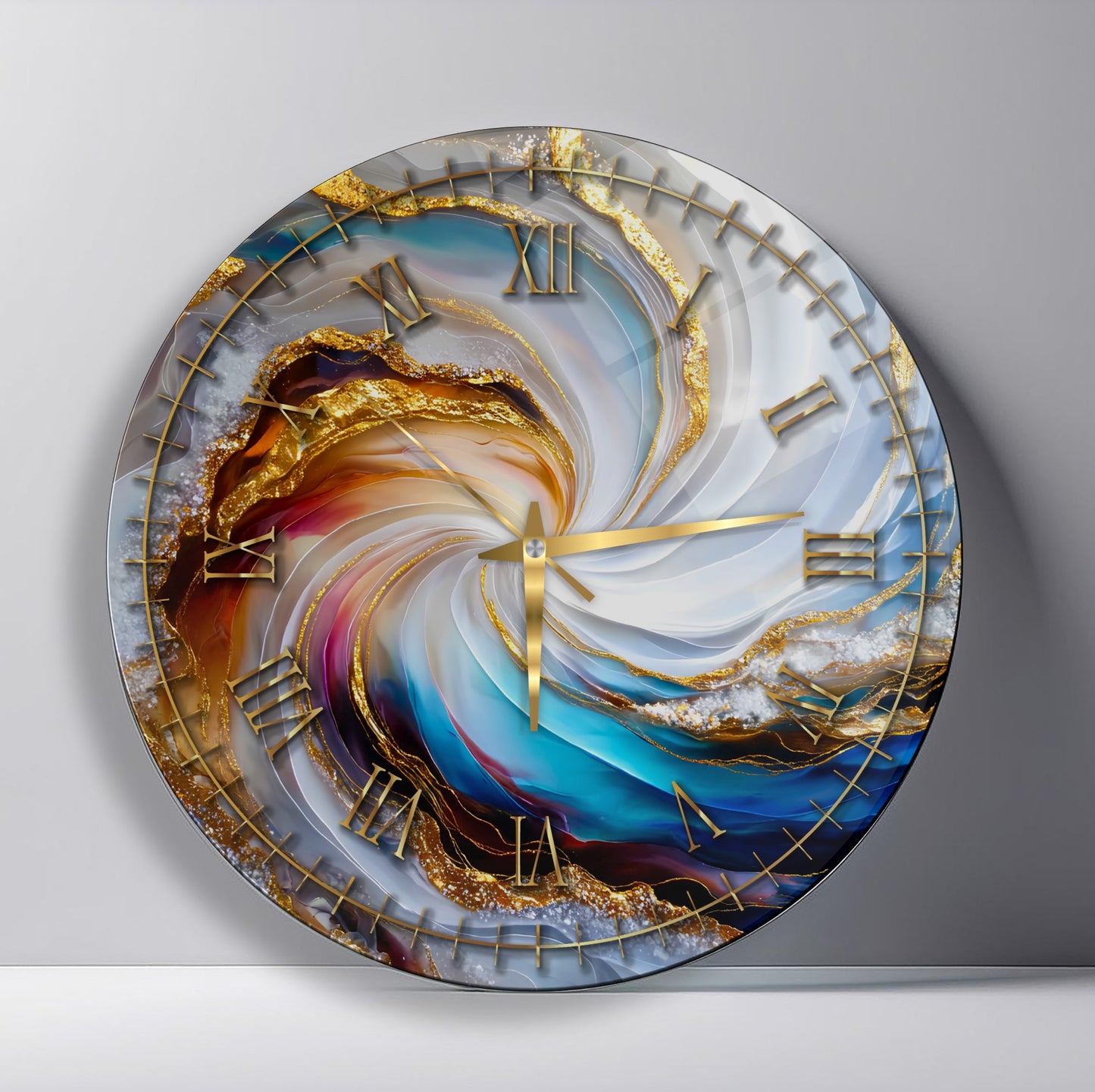 Soyut Gold Mermer Desen Cam Duvar Saati