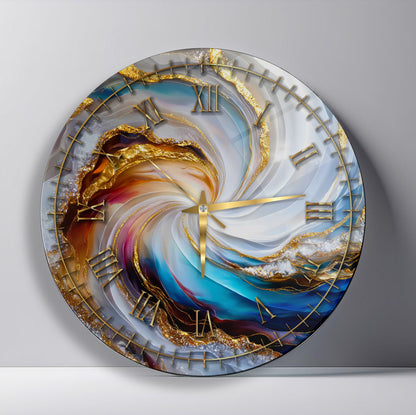 Soyut Gold Mermer Desen Cam Duvar Saati