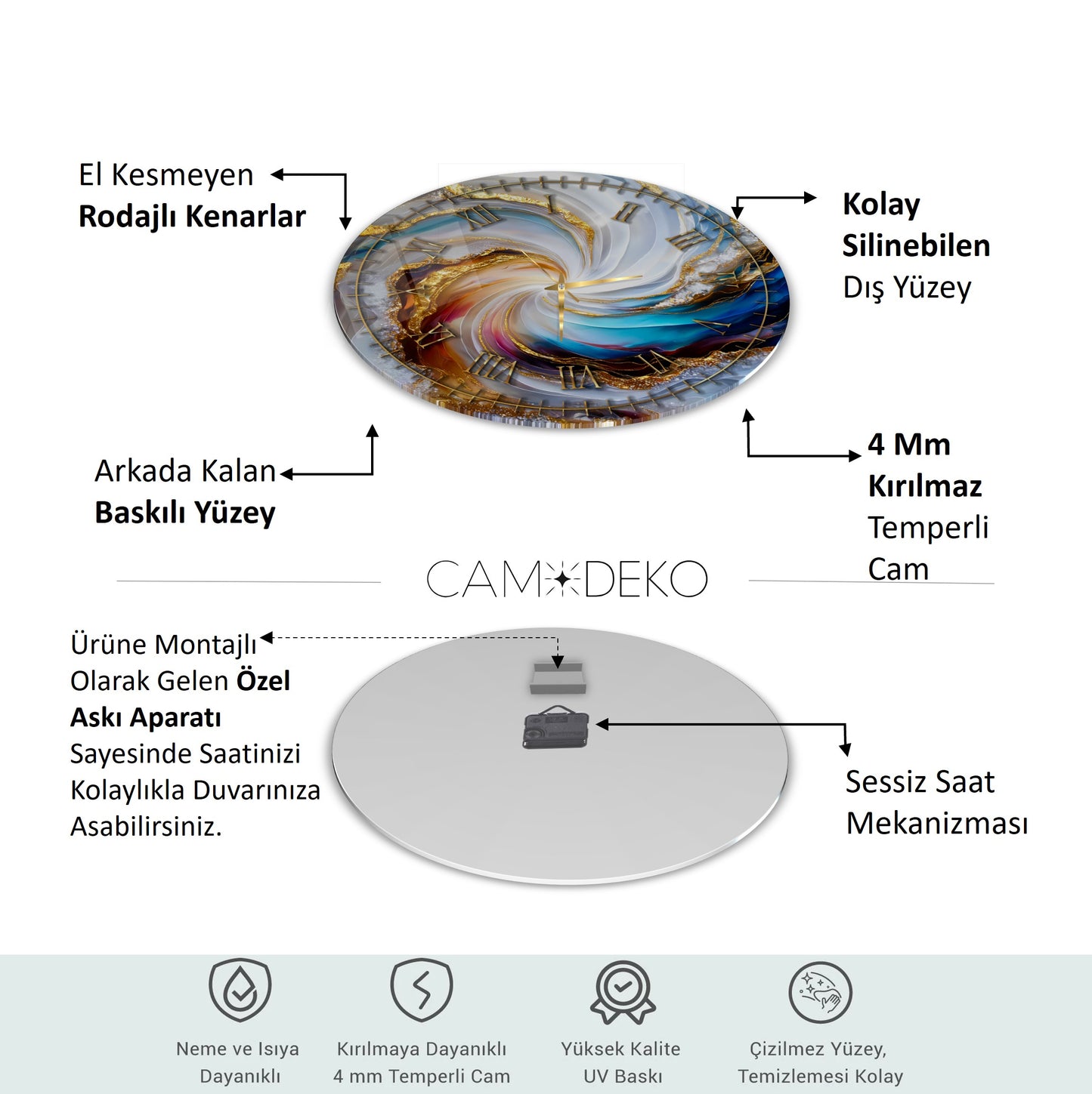 Soyut Gold Mermer Desen Cam Duvar Saati