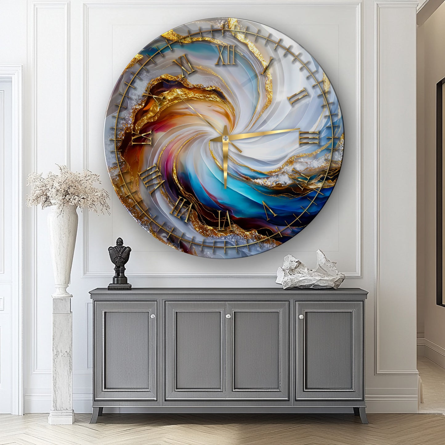 Soyut Gold Mermer Desen Cam Duvar Saati