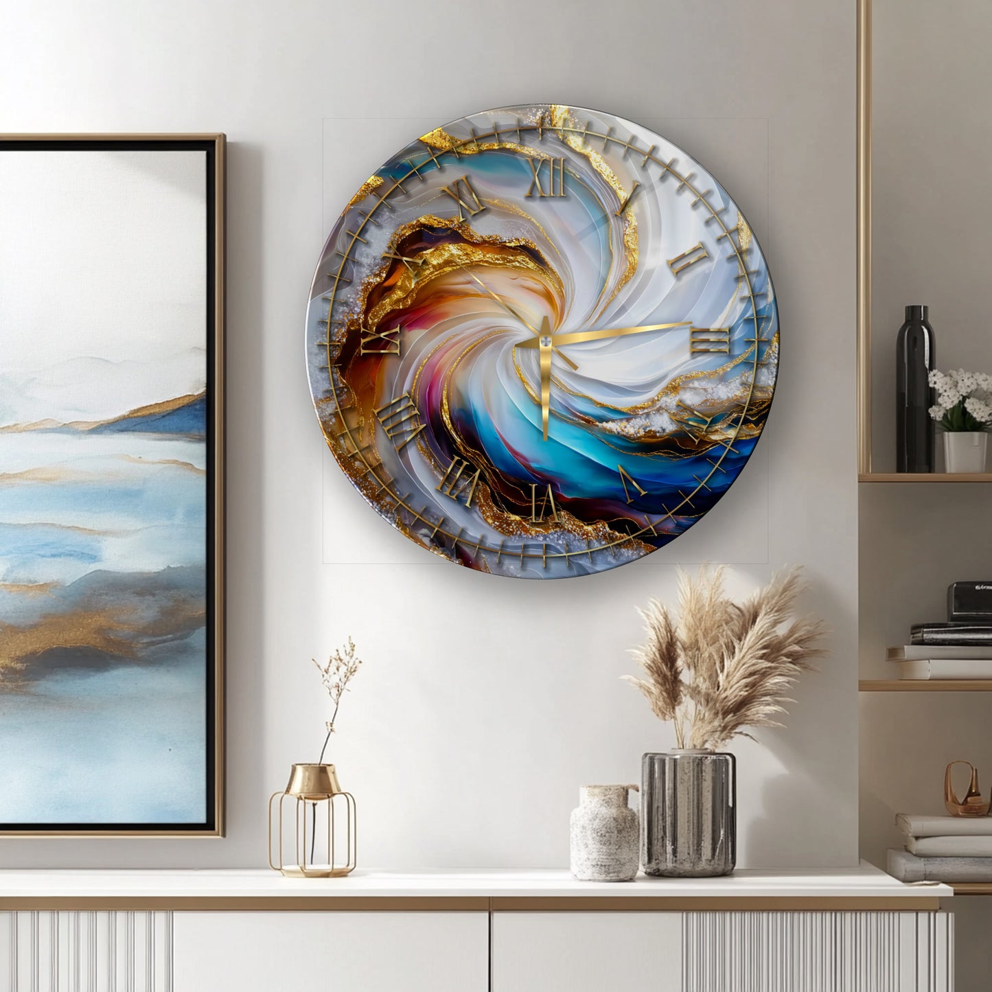 Soyut Gold Mermer Desen Cam Duvar Saati