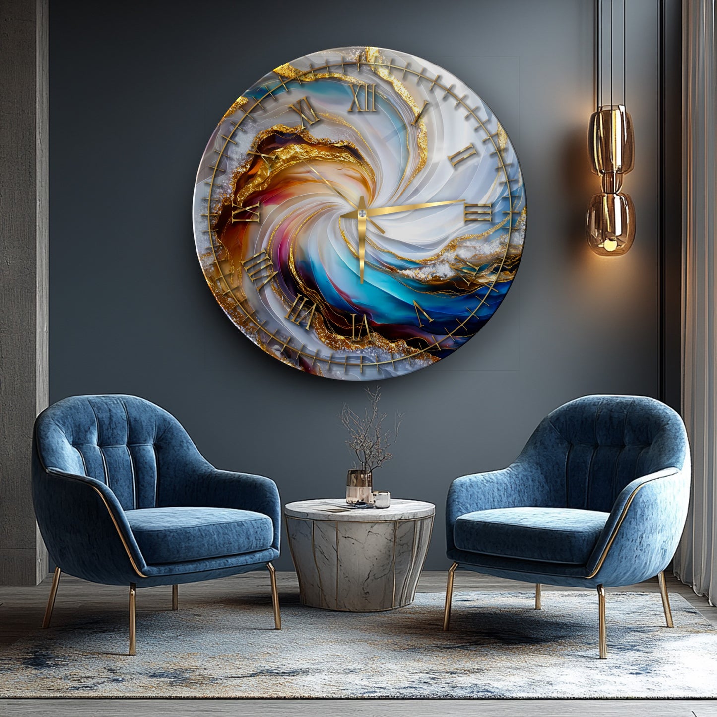 Soyut Gold Mermer Desen Cam Duvar Saati