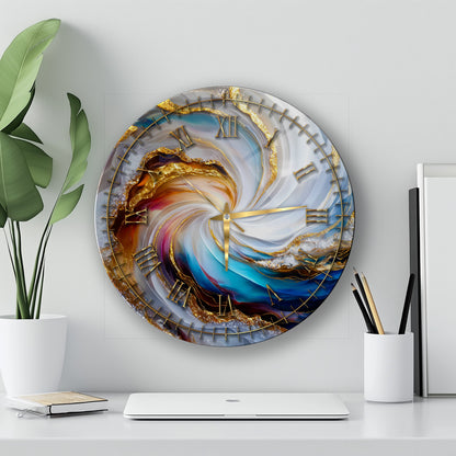 Soyut Gold Mermer Desen Cam Duvar Saati