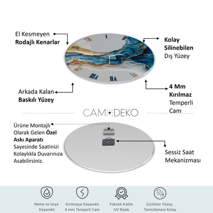Mavi Gold Mermer Desen Cam Saat