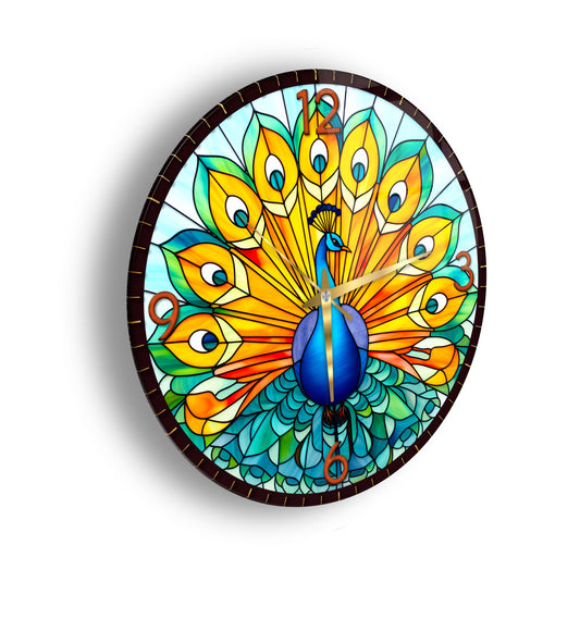 Renkli Tavus Kuşu Cam Duvar Saati