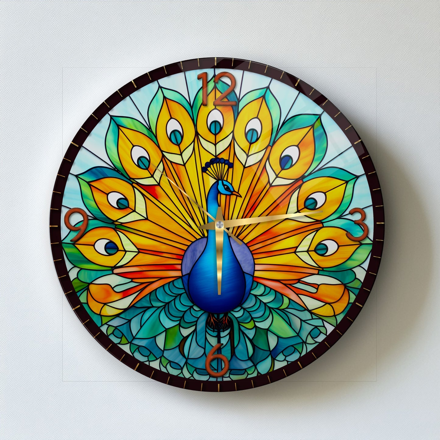 Renkli Tavus Kuşu Cam Duvar Saati