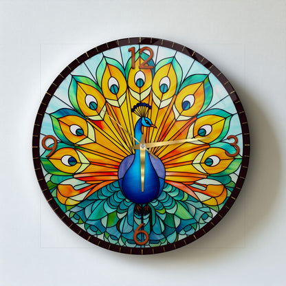 Renkli Tavus Kuşu Cam Duvar Saati
