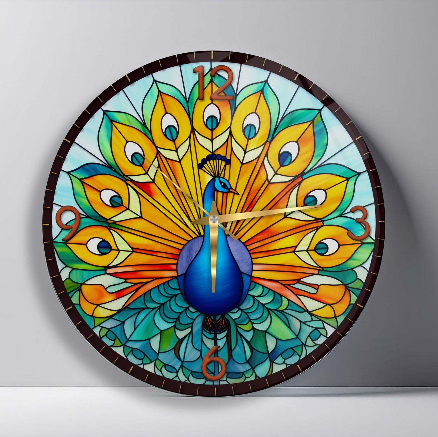 Renkli Tavus Kuşu Cam Duvar Saati