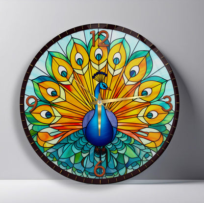 Renkli Tavus Kuşu Cam Duvar Saati