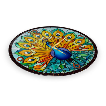 Renkli Tavus Kuşu Cam Duvar Saati