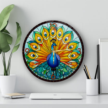 Renkli Tavus Kuşu Cam Duvar Saati