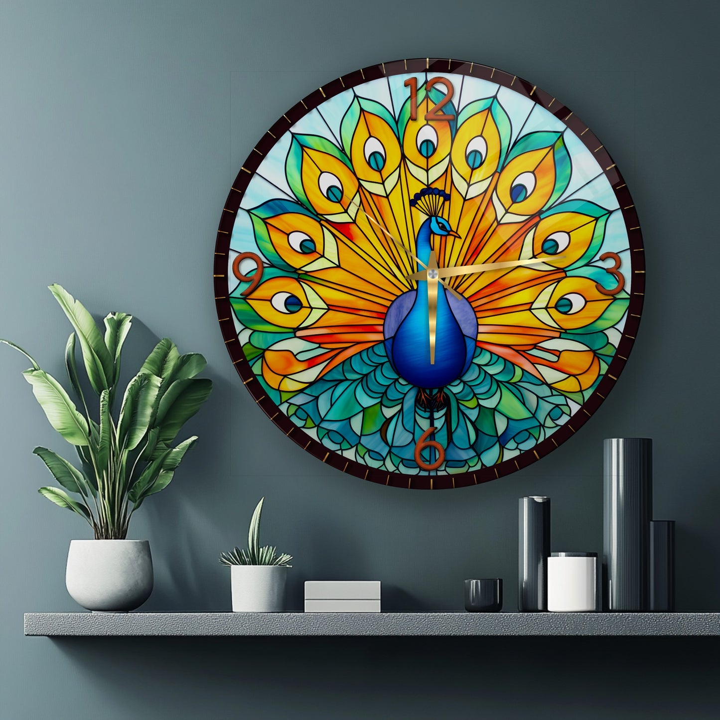Renkli Tavus Kuşu Cam Duvar Saati