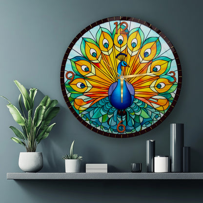 Renkli Tavus Kuşu Cam Duvar Saati