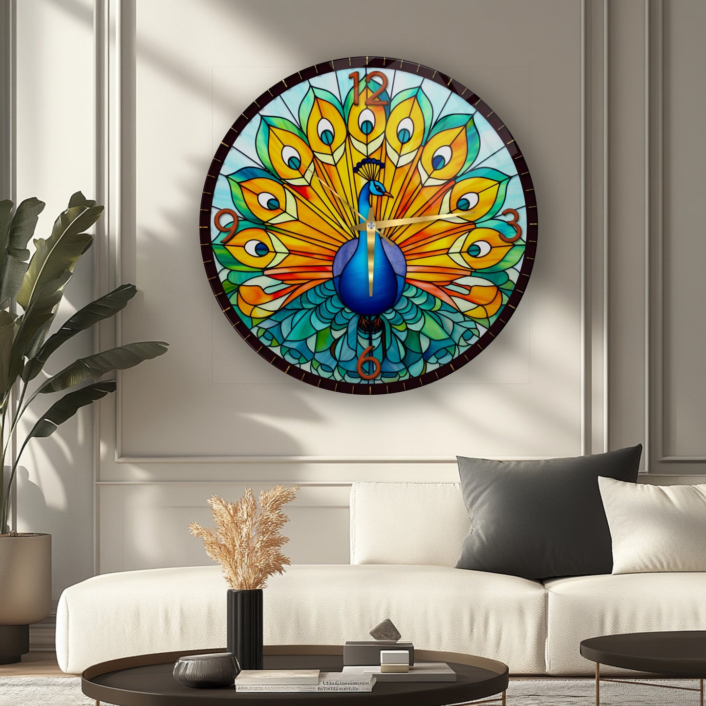 Renkli Tavus Kuşu Cam Duvar Saati