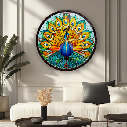 Renkli Tavus Kuşu Cam Duvar Saati