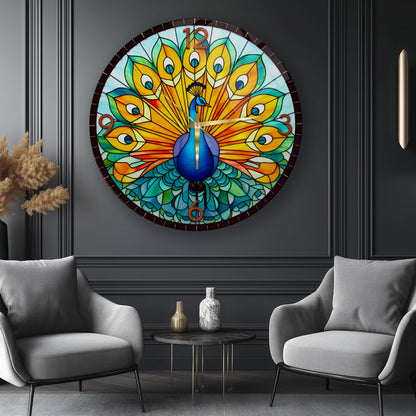 Renkli Tavus Kuşu Cam Duvar Saati