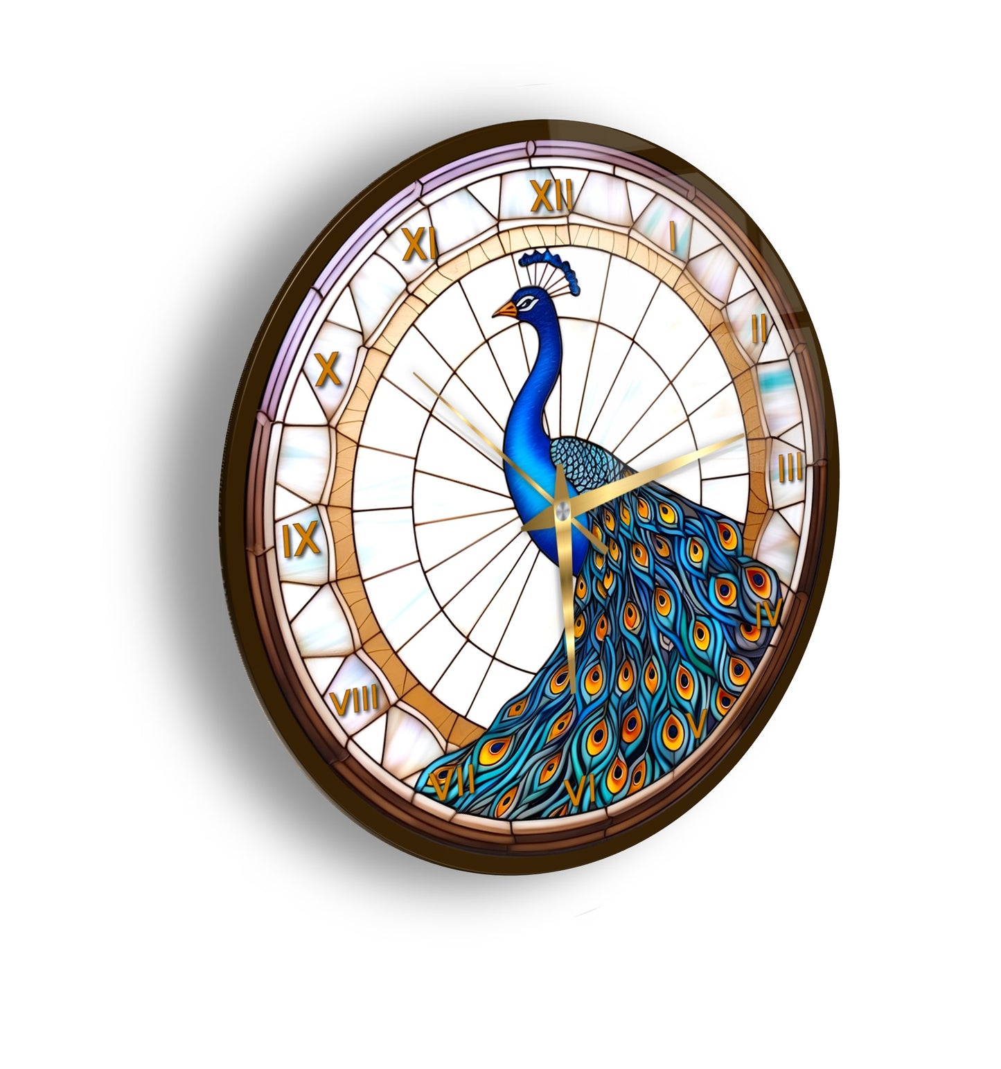 Vitray Desen Tavus Kuşu Cam Duvar Saati