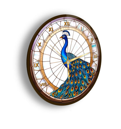 Vitray Desen Tavus Kuşu Cam Duvar Saati