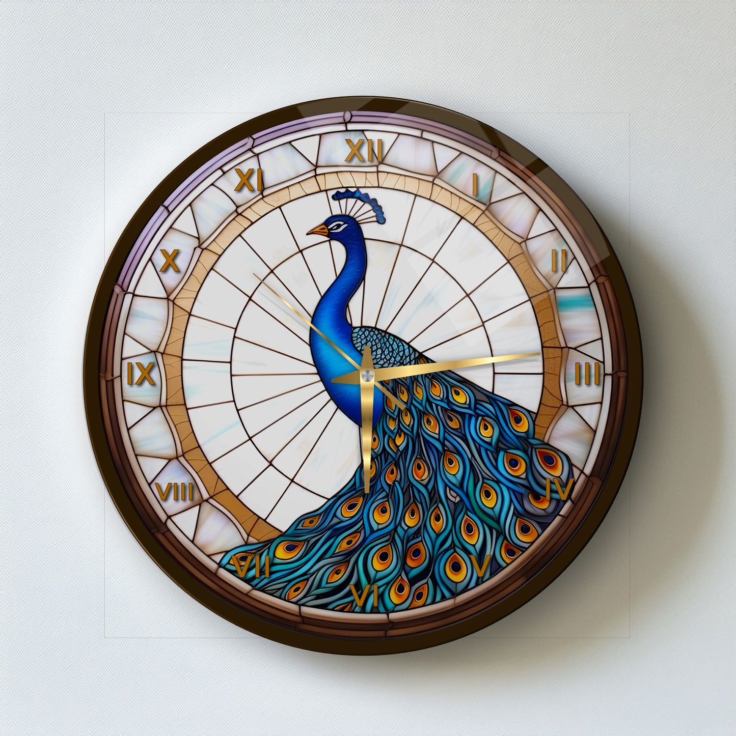 Vitray Desen Tavus Kuşu Cam Duvar Saati