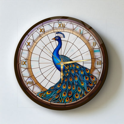 Vitray Desen Tavus Kuşu Cam Duvar Saati