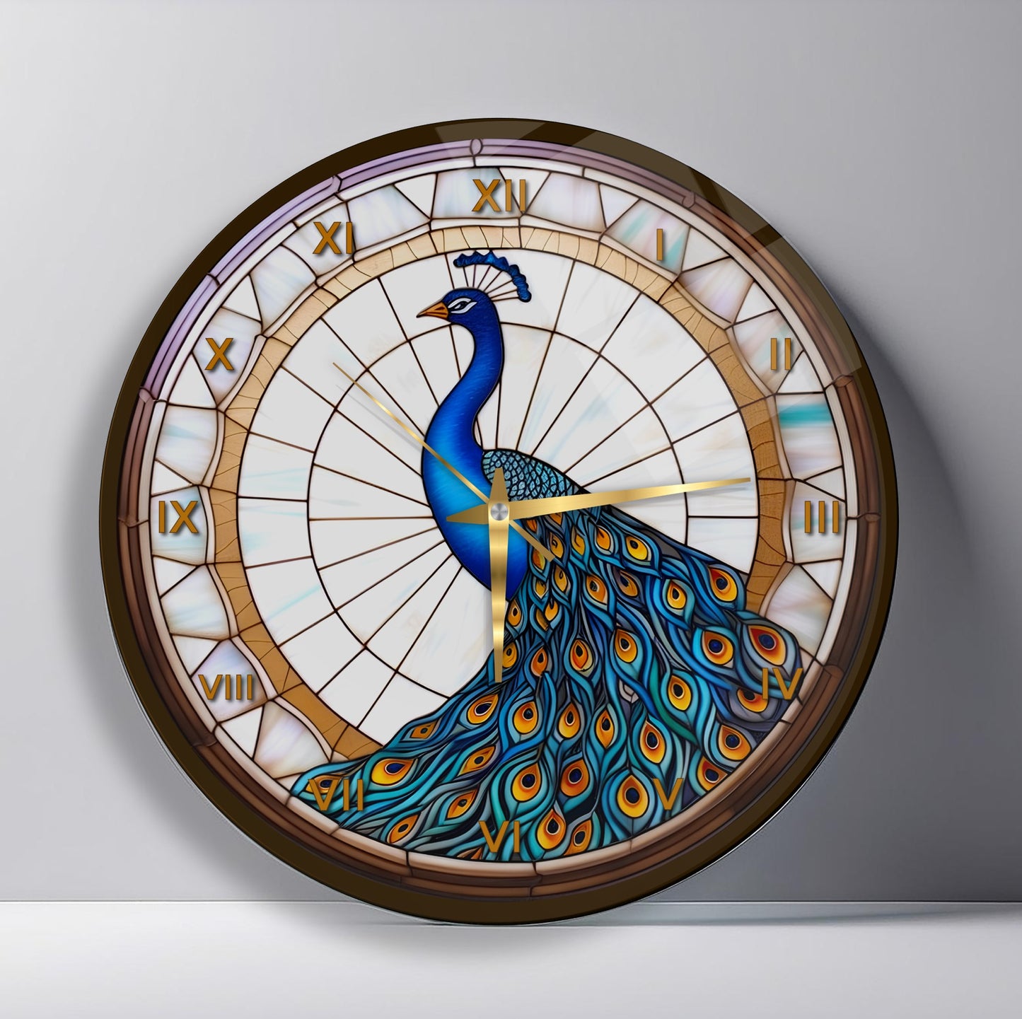 Vitray Desen Tavus Kuşu Cam Duvar Saati