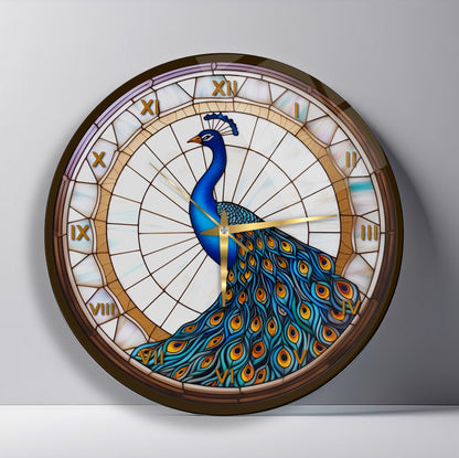 Vitray Desen Tavus Kuşu Cam Duvar Saati