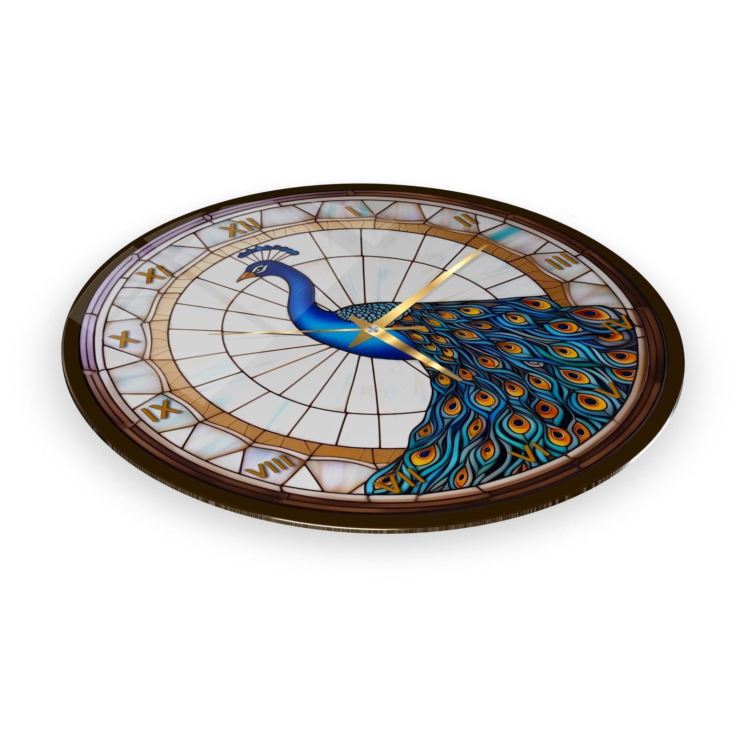 Vitray Desen Tavus Kuşu Cam Duvar Saati
