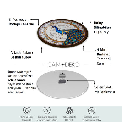 Vitray Desen Tavus Kuşu Cam Duvar Saati