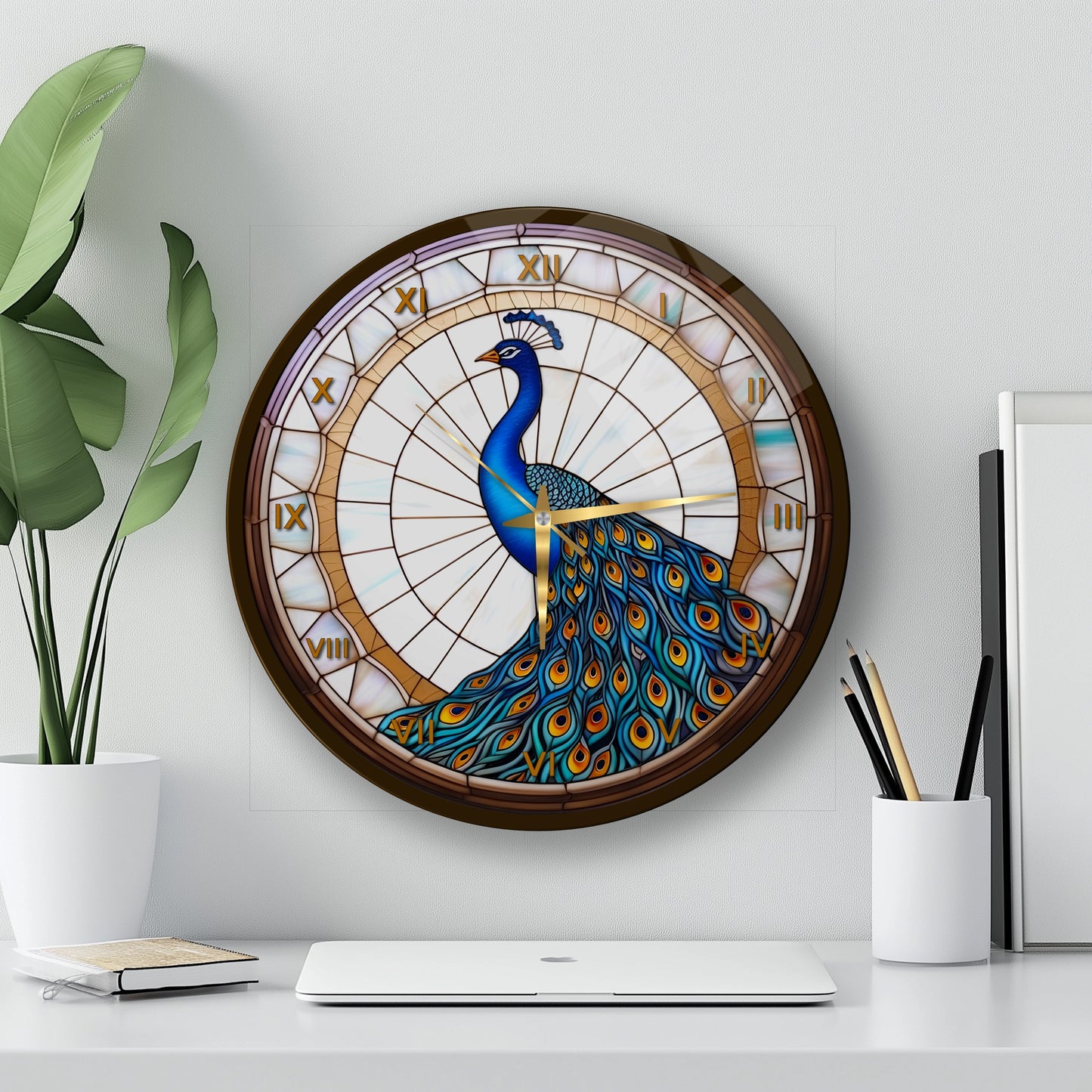 Vitray Desen Tavus Kuşu Cam Duvar Saati