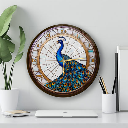 Vitray Desen Tavus Kuşu Cam Duvar Saati