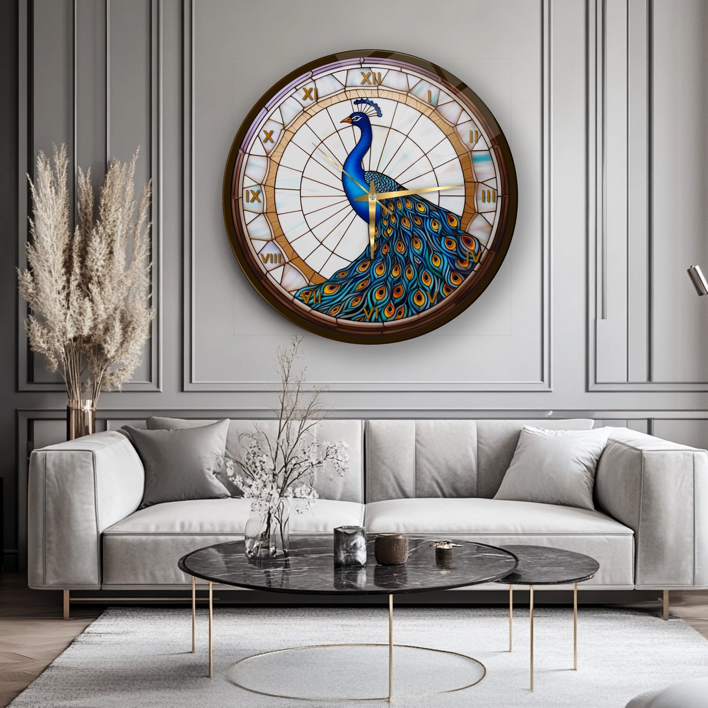 Vitray Desen Tavus Kuşu Cam Duvar Saati