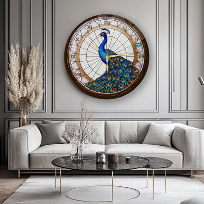 Vitray Desen Tavus Kuşu Cam Duvar Saati
