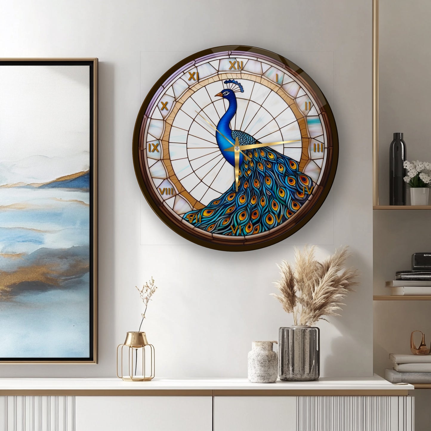 Vitray Desen Tavus Kuşu Cam Duvar Saati