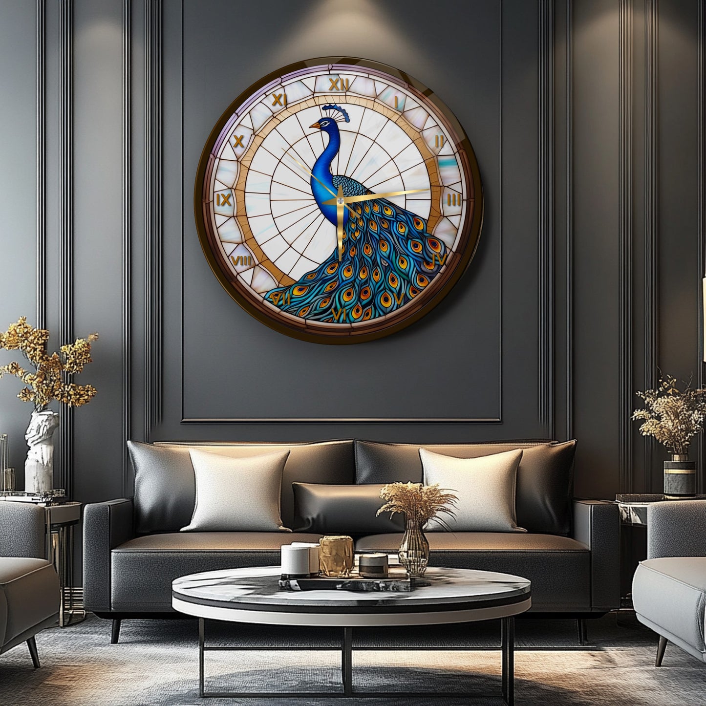 Vitray Desen Tavus Kuşu Cam Duvar Saati