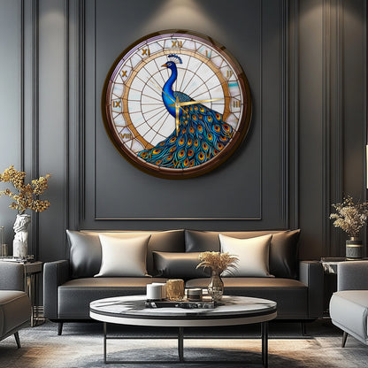 Vitray Desen Tavus Kuşu Cam Duvar Saati