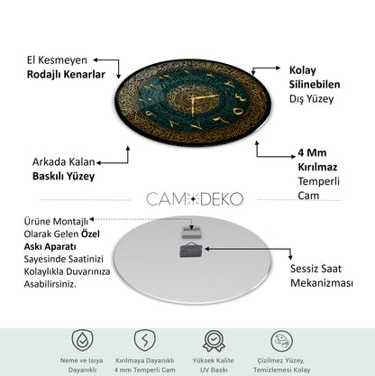 Yeşil Gold İslami Hat Sanatı Cam Duvar Saati