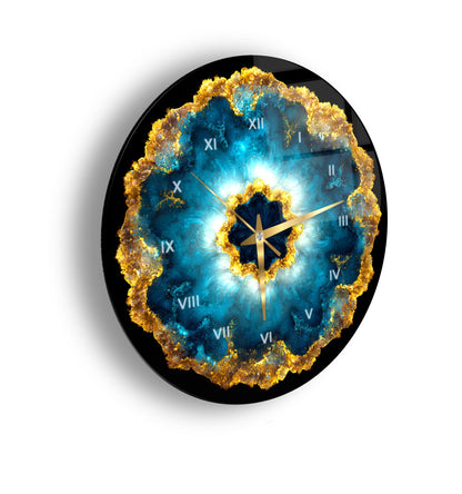 Soyut Mavi Gold Cam Duvar Saati