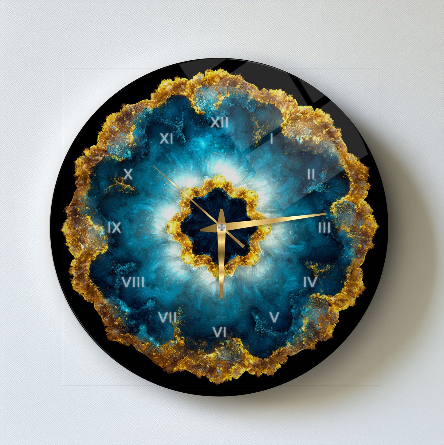 Soyut Mavi Gold Cam Duvar Saati