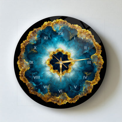 Soyut Mavi Gold Cam Duvar Saati