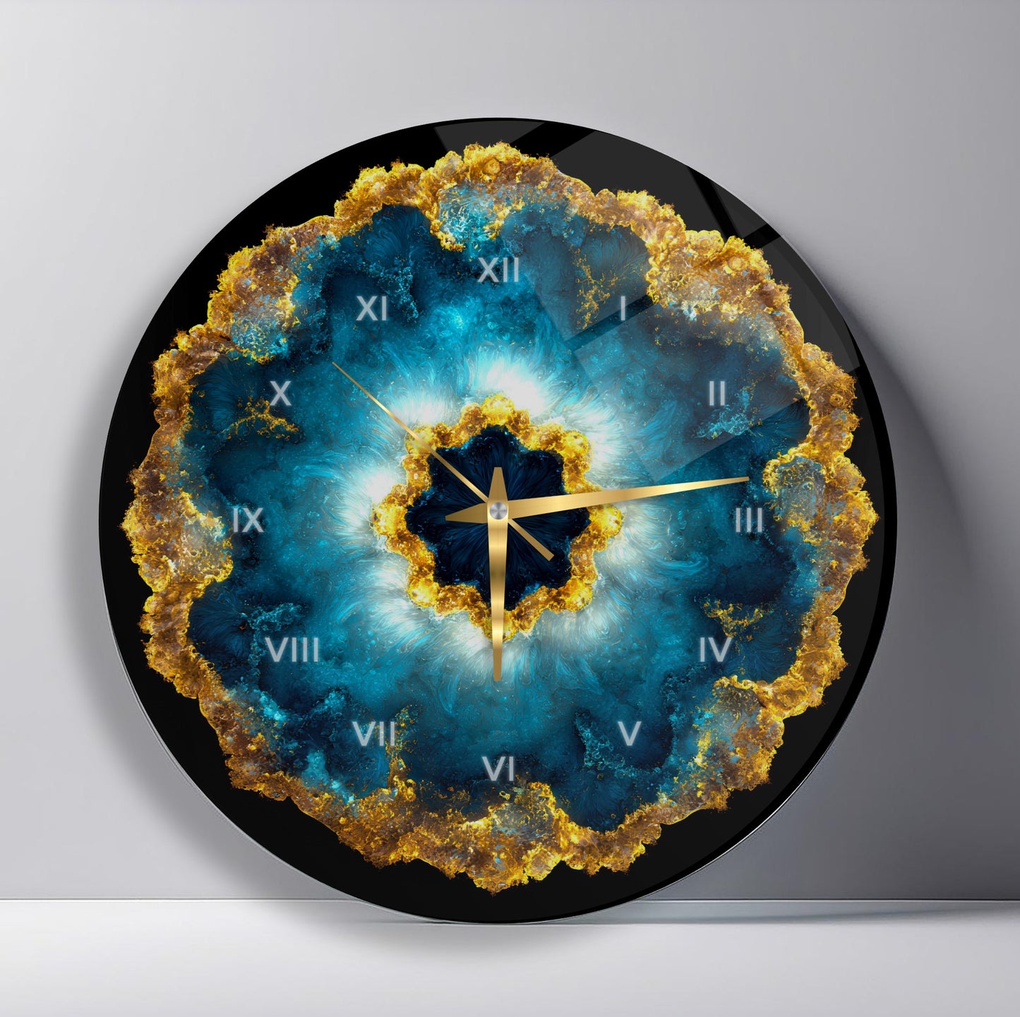 Soyut Mavi Gold Cam Duvar Saati